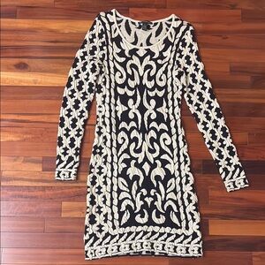 INC International Concepts Black and Cream With Gold Threading Sweater Dress